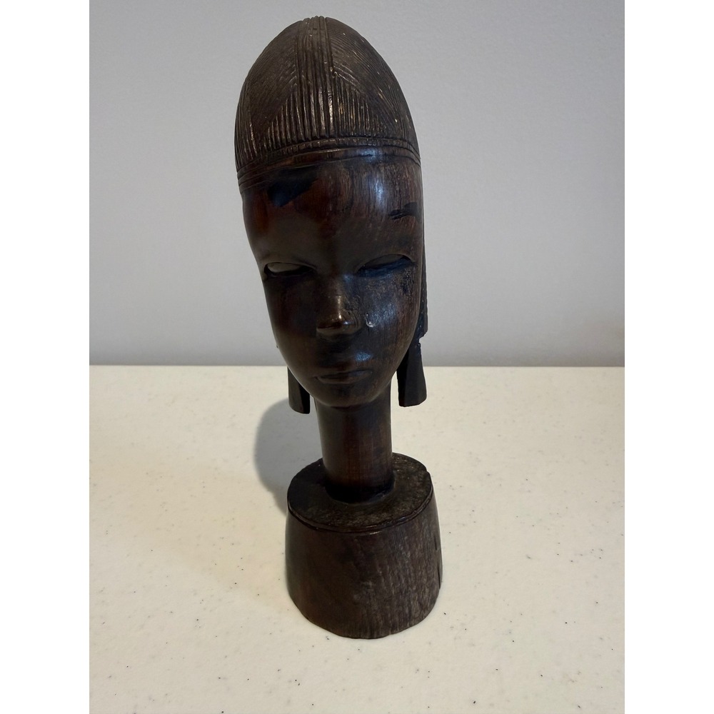 Vintage Hand Carved Iron Wood African Tribal Woman Head Bust Figurine Sculpture